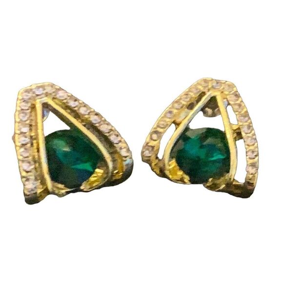 Luxury Simulated Emerald Green Earrings, 14k Gold Plate Triangle Studs Gift - Picture 10 of 10